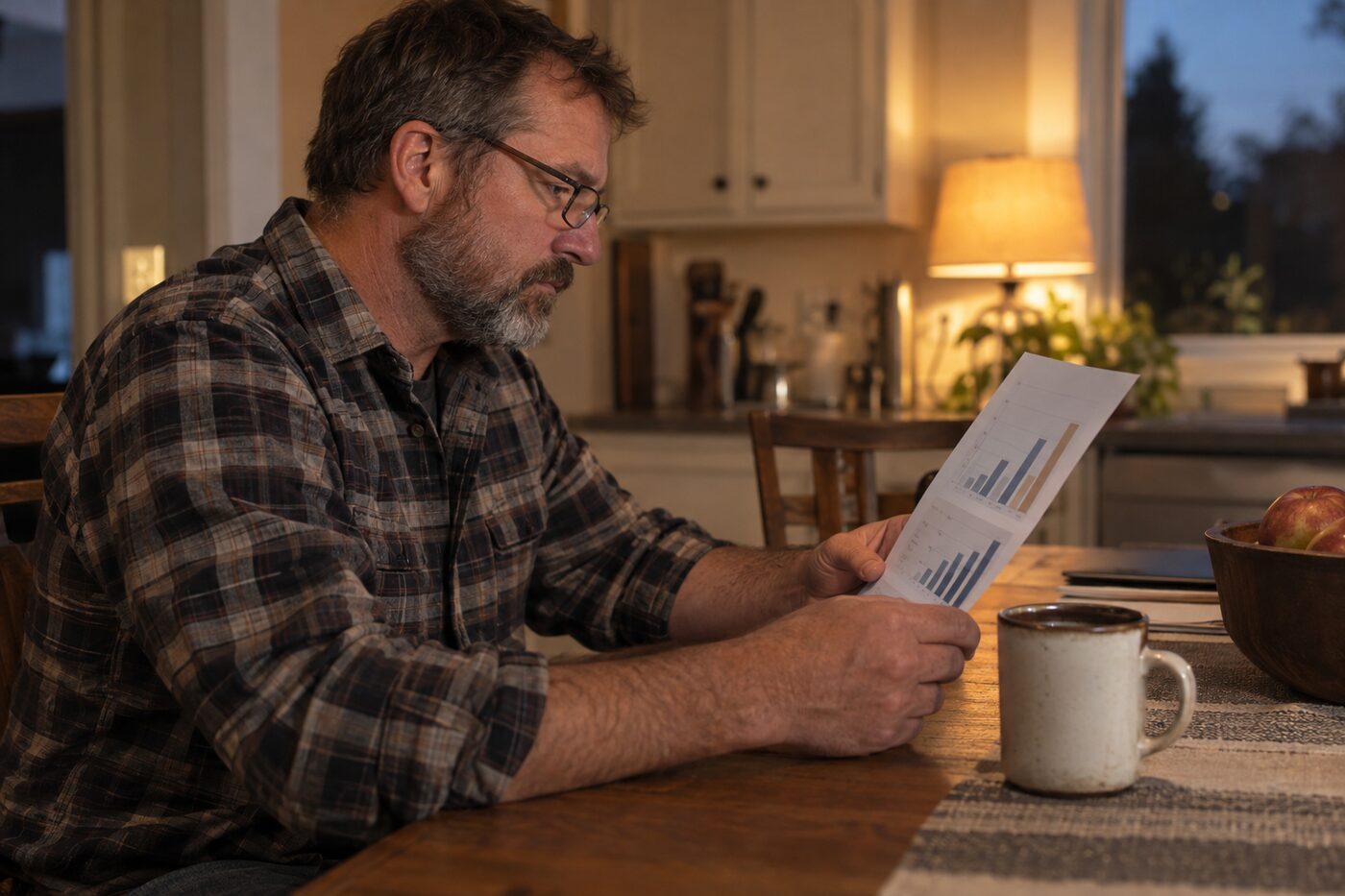 A contractor at his kitchen table in the evening, reading a one-page report with bar charts.