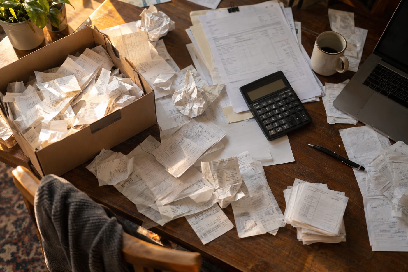 A desk covered in loose receipts and invoices, with a shoebox full of more receipts.