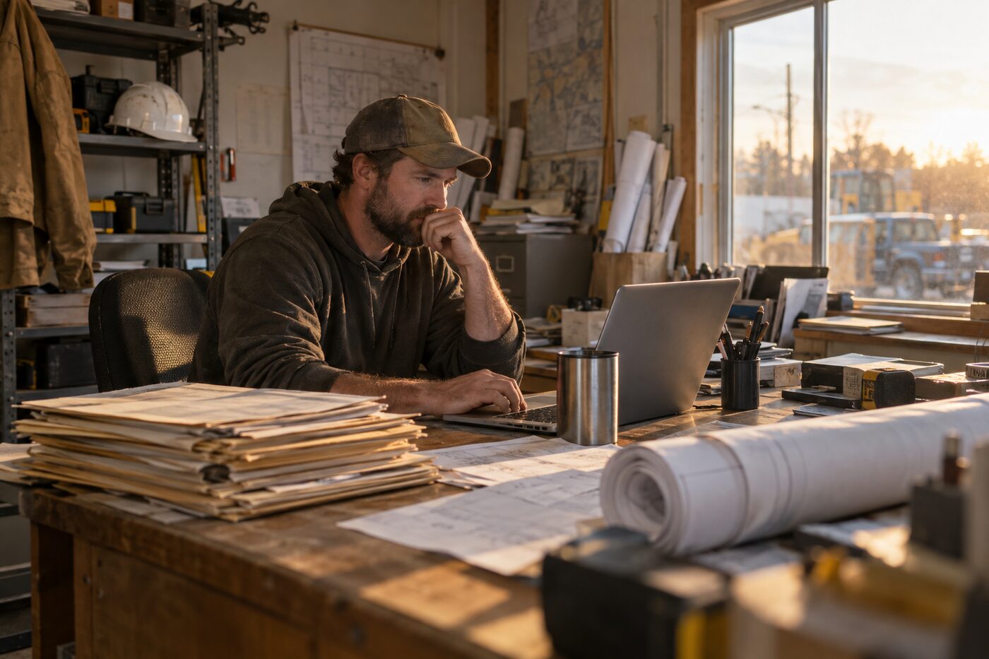 A contractor at his workshop desk with stacked job folders, rolled plans and a laptop.