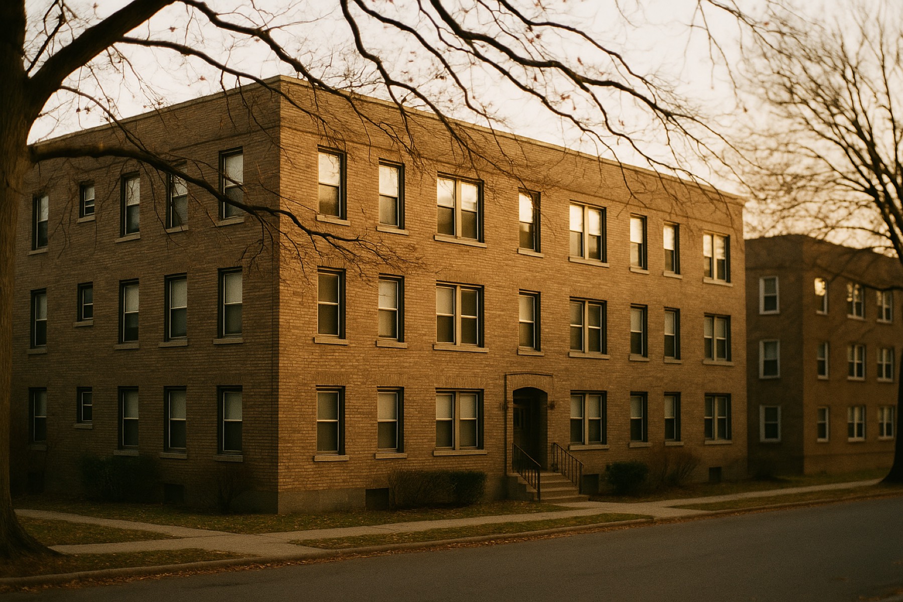 A small brick apartment building on a residential street in late afternoon light.
