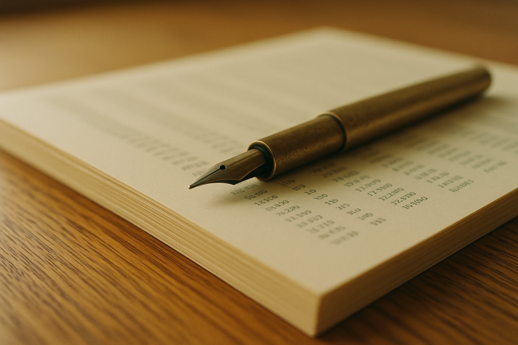 A brass pen resting on a stack of cream paper ruled with columns of figures.